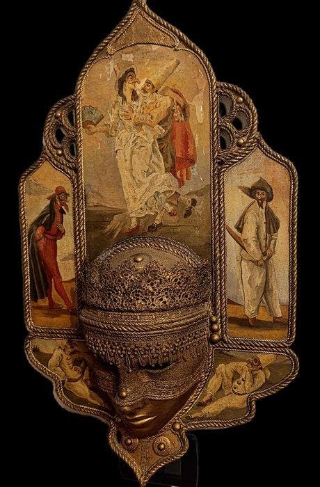 Carnavalsmasker - stile Bauta, dipinti di personaggi della, Antiek en Kunst, Curiosa en Brocante