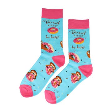 Sokken Katoen – Donut Luiaard Print – Blauw Roze Bruin –, Nieuw