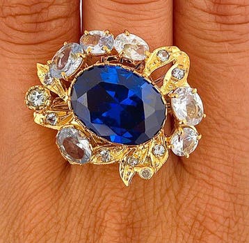 Zonder minimumprijs - Ring - 9 kt. Geel goud, Zilver Saffier
