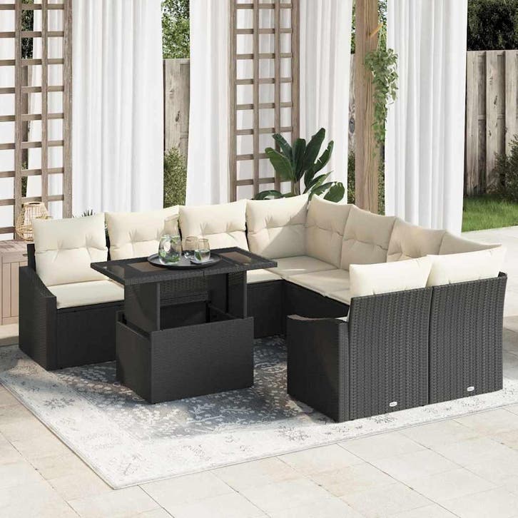 vidaXL Tuinbank Set met kussen met opslag 9 pcs Zwart poly, Tuin en Terras, Tuinsets en Loungesets, Nieuw, Verzenden