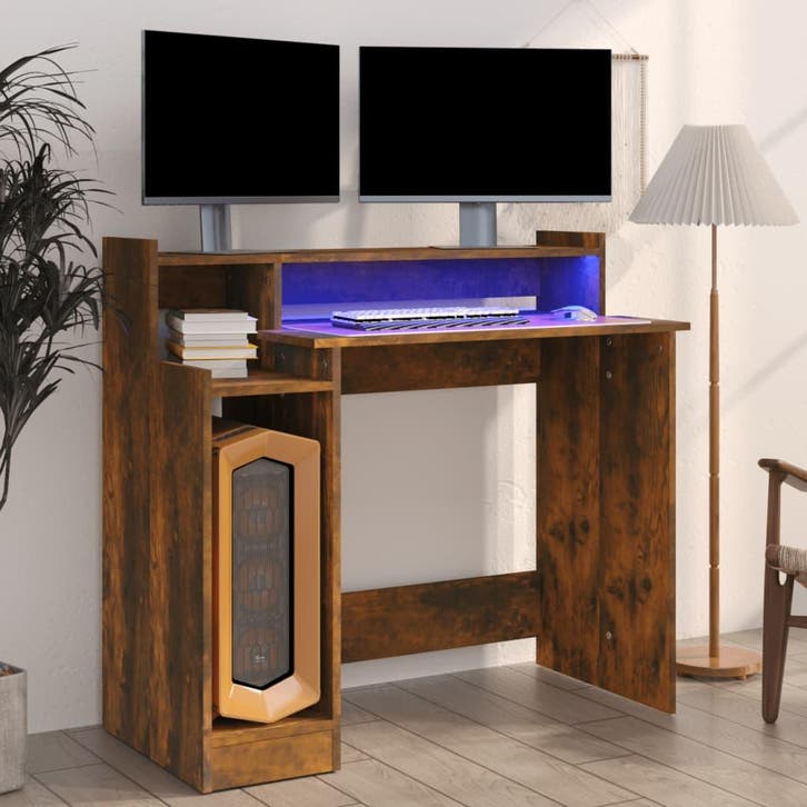 vidaXL Bureau met LED-verlichting 97x45x90 cm hout gerookt, Maison & Meubles, Bureaux, Envoi