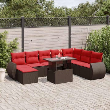 vidaXL 9-delige tuinbankset met kussens, bruin polyrotan, Verzenden