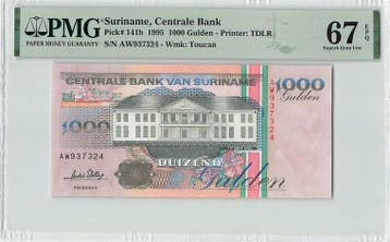 1995 Suriname 1000 Gulden Pick 141b Pmg Superb Gem Unc 67..., Verzenden, België