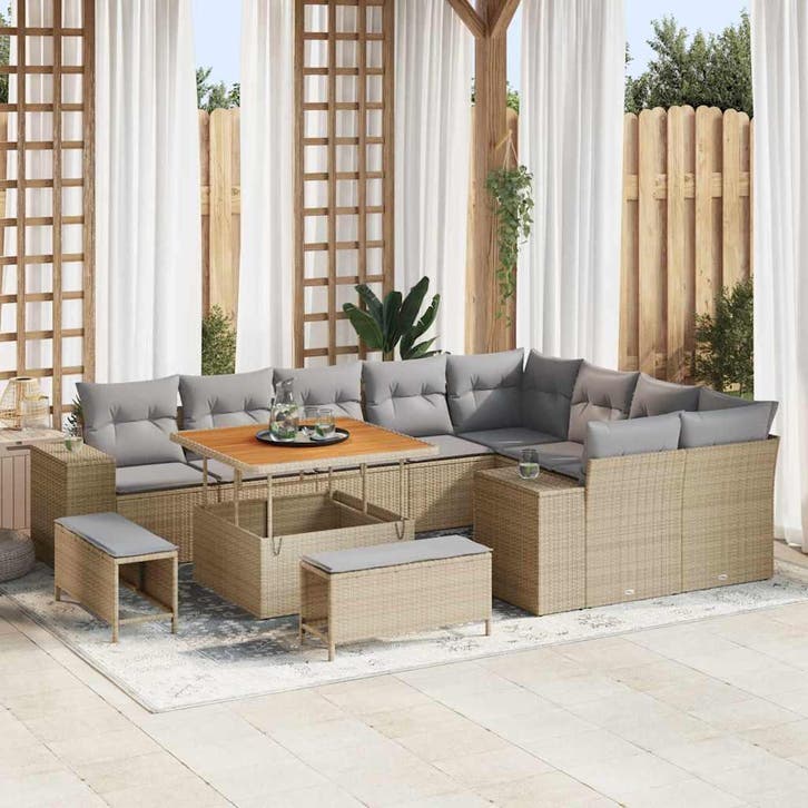 vidaXL Tuinbank Set met kussen 12 pcs Beige poly rattan, Tuin en Terras, Tuinsets en Loungesets, Nieuw, Verzenden