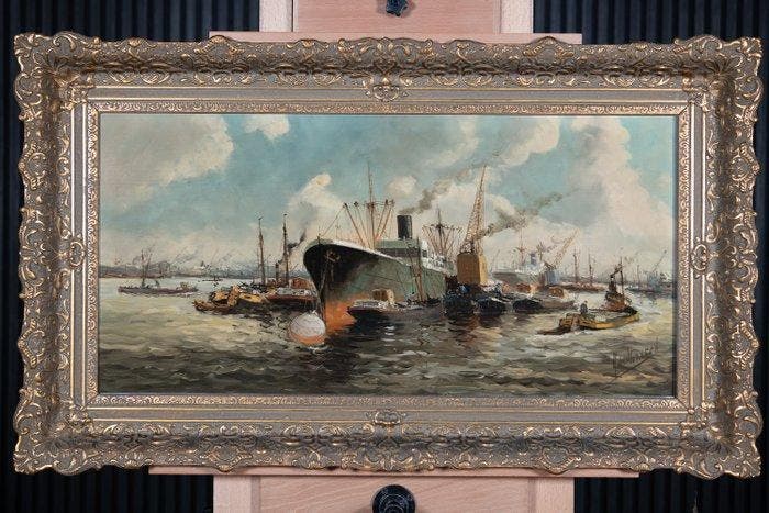 Adrianus Verveen (1912-1988) - Havengezicht met Schepen, Antiquités & Art, Art | Peinture | Classique