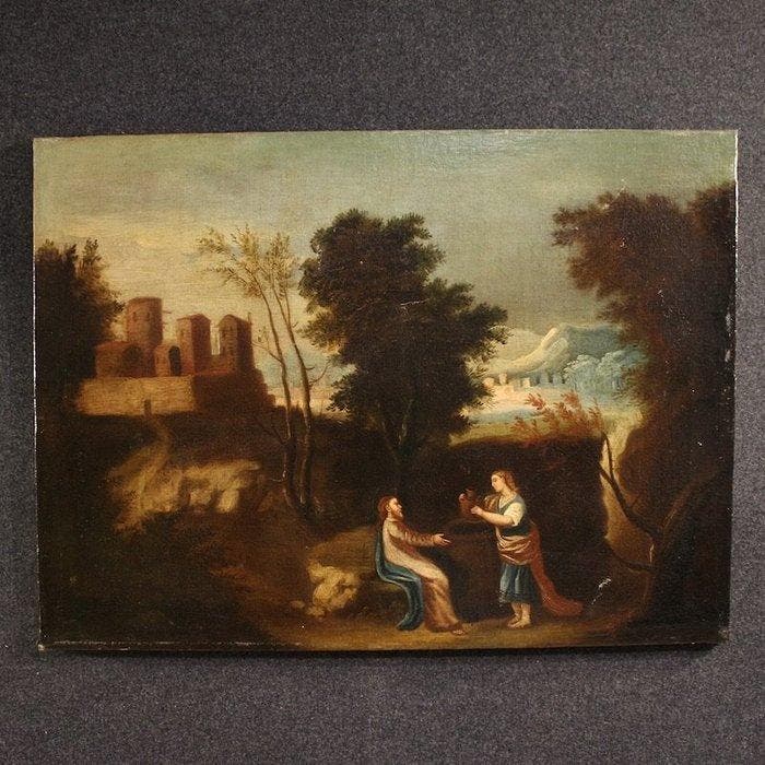 Spaanse school (XVII) - Gesù e la samaritana al pozzo, Antiquités & Art, Art | Peinture | Classique