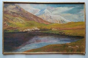Alberto Ferrero (1883-1963) - Veduta montana con mucche al