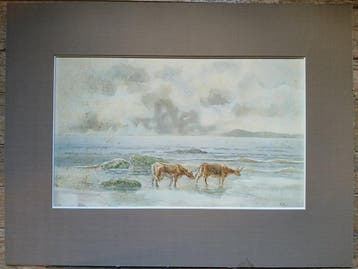 Emile Baes (1879-1954) - Kustlijn met stieren - Schotland of, Antiquités & Art