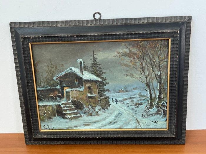 Scuola italiana (XIX-XX), Firmato C. Mari - Casa sotto la, Antiek en Kunst, Kunst | Schilderijen | Klassiek