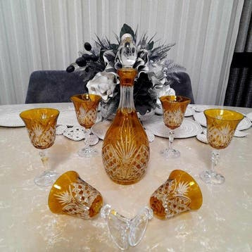 Verre à eau (7) - Cristal - Cristal bohème ambré, Antiquités & Art