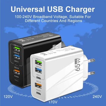 5-Poort GaN Stekkerlader 65W - PD / Quick Charge 3.0 / USB, Verzenden