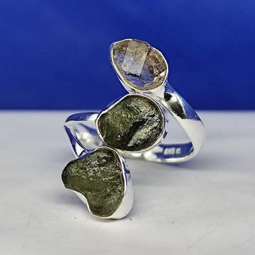 Moldaviet / Herkimer zilveren ring -meteorietinslag-