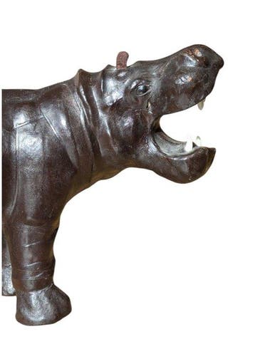 Statue, Vintage Hippo Statue - 22 cm - Cuir, Bois - 1970