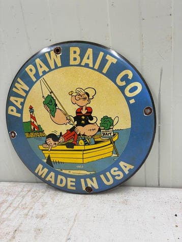 Vintage Popeye “Paw Paw Bait Co.” Enamel Sign – Made in USA
