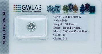 1 pcs Diamant (Natuurlijk) - 1.34 ct - Rond - H - SI1 -, Nieuw
