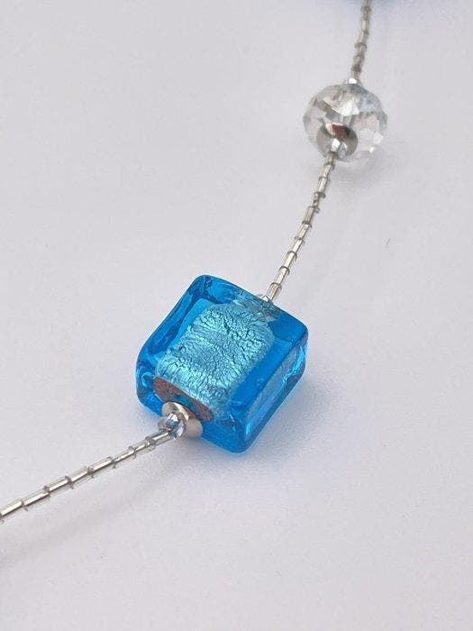 verre de Murano, Argent - Collier - verre Murano argenté, Antiek en Kunst, Antiek | Glaswerk en Kristal