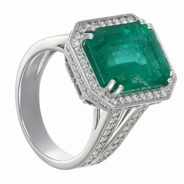 Ring - 18 karaat Witgoud - 10.20ct. tw. Smaragd - Diamant -