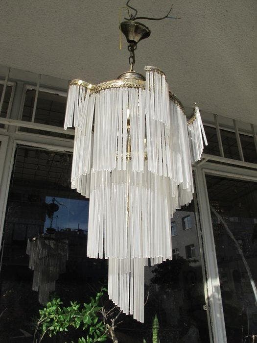 Kroonluchter - mat pijpglas - Antieke kristallen lamp, Antiquités & Art, Antiquités | Éclairage