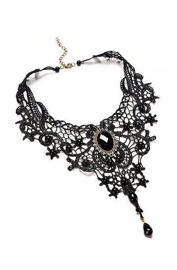 KIMU® Ketting Kant Zwart Steen Steampunk Zwarte Kanten Colla, Ophalen of Verzenden