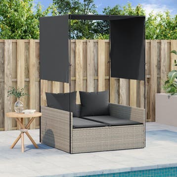 vidaXL Ligbed tweepersoons met dak en gordijn poly rattan, Verzenden