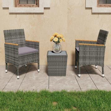vidaXL 3-delige Bistroset poly rattan en gehard glas grijs, Verzenden, Nieuw