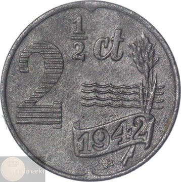 Nederland. Wilhelmina. 2 1/2 Cent 1942 zink UITERST ZELDZAAM