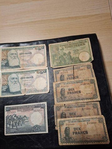 Congo belge. - 8 Banknotes - various dates (Sans prix de, Timbres & Monnaies