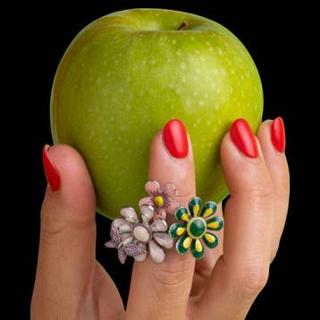 Bague en argent émaillé avec des fleurs et un papillon -