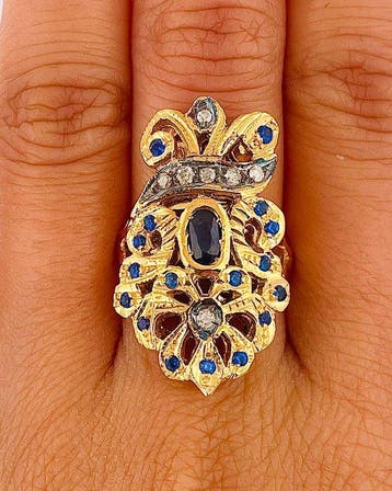 Zonder minimumprijs - Ring - 9 kt. Geel goud, Zilver Saffier