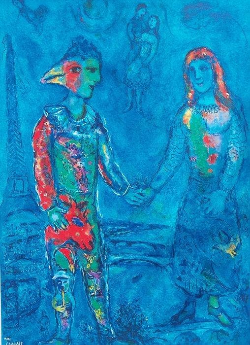 Marc Chagall (1887-1985) - Deux personnages sur fond bleu, Antiquités & Art, Antiquités | Autres Antiquités