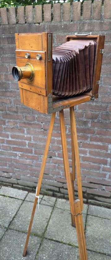 Antieke Houten Straatbord Camera Complete Set met Statief..., Ophalen of Verzenden