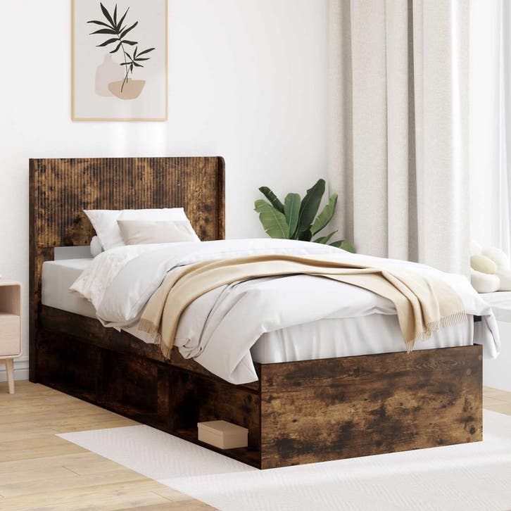vidaXL Bedframe met opbergruimte en hoofdbord Gerookt eiken, Huis en Inrichting, Slaapkamer | Bedden, Nieuw, Verzenden