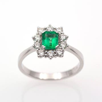 Bague - 18 carats Or blanc - 1.21ct. tw. Émeraude - Diamant