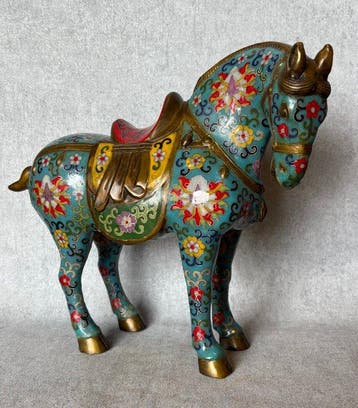 Statue, Exclusief Cloisonné paard 41.5 cm - 34 cm - Bronze, Antiek en Kunst
