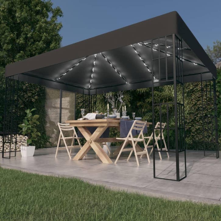 vidaXL Prieel met LED-lichtslinger 3x4 m antracietkleurig, Tuin en Terras, Partytenten, Nieuw, Verzenden
