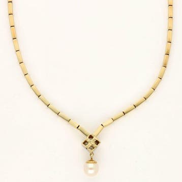 Collier - 14 carats Or jaune Diamant (Naturelle) - Perle, Handtassen en Accessoires, Kettingen, Nieuw