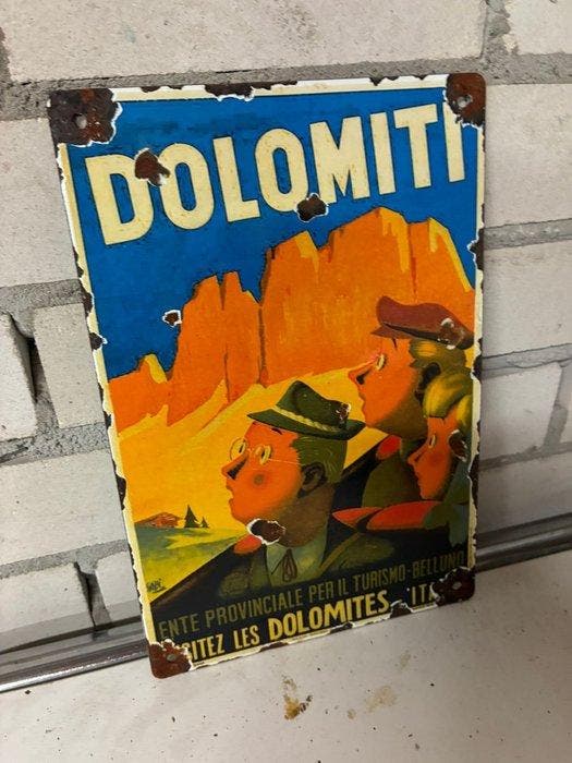 Emaille bord – DOLOMITI Italië – vintage toerisme reclame –, Antiek en Kunst, Antiek | Wandborden en Tegels