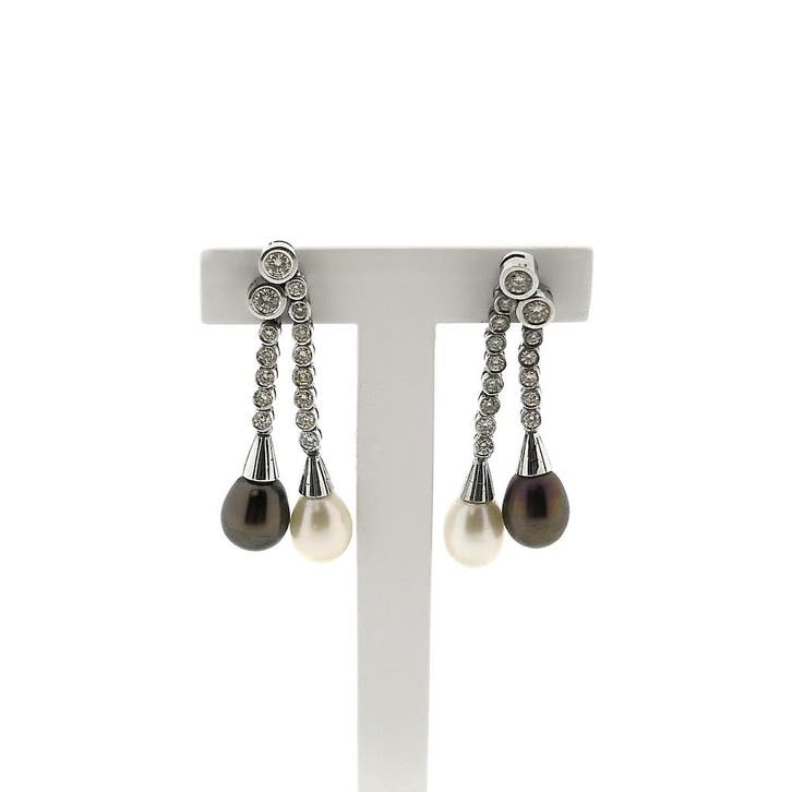 Witgouden entourage oorbellen met parel en diamanten; 1,1..., Bijoux, Sacs & Beauté, Boucles d'oreilles, Enlèvement ou Envoi