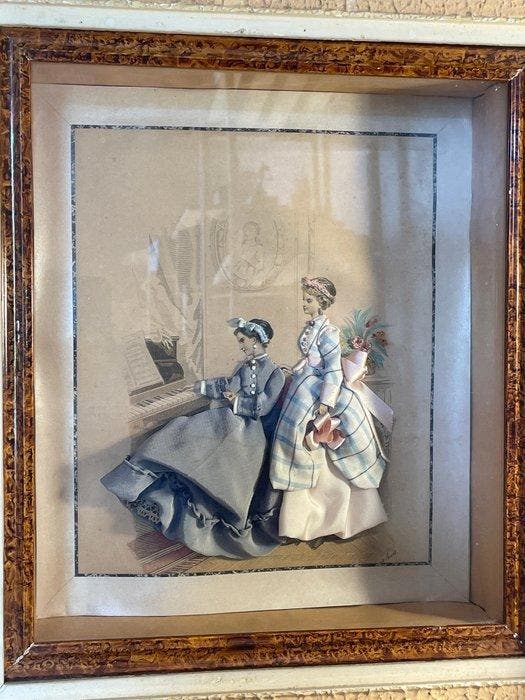 Lijst- Vitrinekader Deze dames aan de piano - Hout,, Antiquités & Art, Curiosités & Brocante