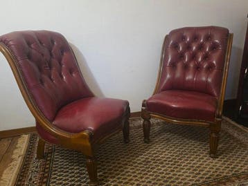 Fauteuil (2) - Cuir, Bois - Paire de fauteuils en cuir
