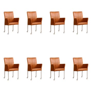Set van 8 Leren eetkamerstoelen Comfort met wieltjes en, Ophalen of Verzenden, Nieuw, Leer, Eén
