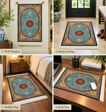Turkooisblauw en goud luxe zijden tapijt / klein wandtapijt