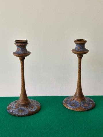 Kaarsenhouder Paar antieke Arts & Crafts houten kandelaars