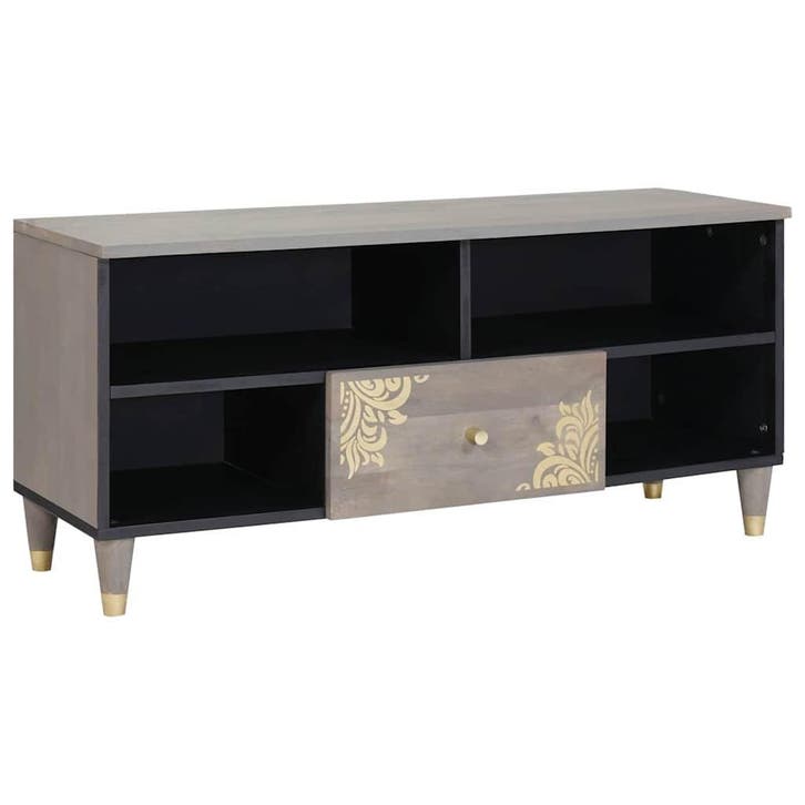 vidaXL TV Kast met lade Grijs 100 x 33 x 46 cm Massief Mango, Huis en Inrichting, Woonaccessoires | Cd- en Dvd-rekken, Nieuw, Verzenden