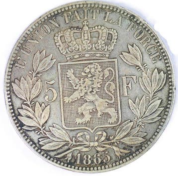 België. Leopold I – 5 Francs 1865 – L. Wiener (Zonder