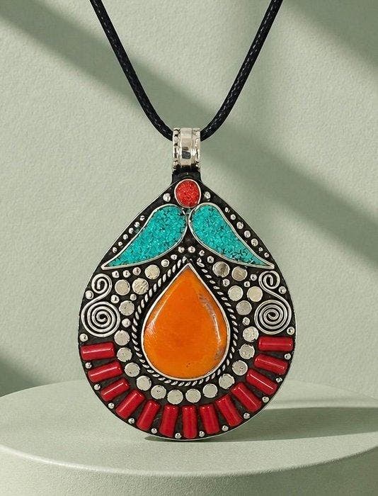 - Tibet Zilver - Turkoois - Koraal - Hanger, Verzamelen, Mineralen en Fossielen