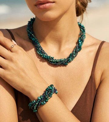 Collier à six rangs & bracelet avec malachite & cristaux -