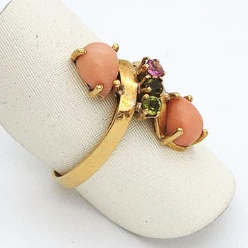 Ring - 18 karaat Geel goud - 0.18ct. tw. Toermalijn - Koraal