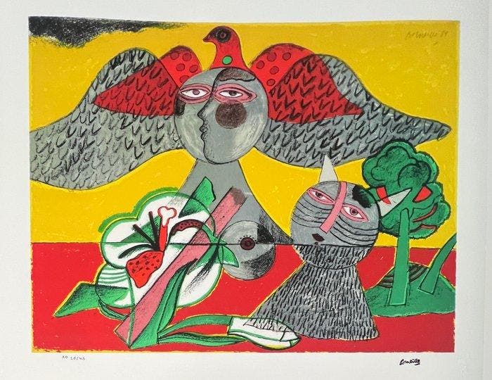 Corneille (1922-2010) - Chat, fleur et oiseau, Antiquités & Art, Antiquités | Autres Antiquités