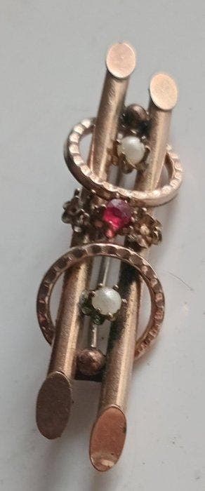 Broche - 9 kt. Geel goud Robijn - Parel - Broche - 9 karaat, Handtassen en Accessoires